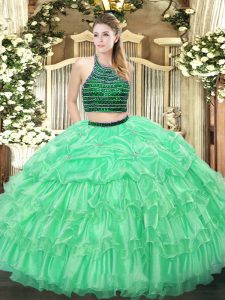 Apple Green Ball Gowns Organza Halter Top Sleeveless Beading and Ruffled Layers Floor Length Zipper Sweet 16 Dresses