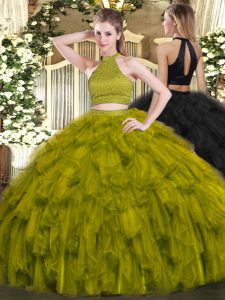 Latest Olive Green Backless Quince Ball Gowns Beading and Ruffles Sleeveless Floor Length