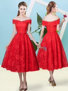 Red Cap Sleeves Lace Lace Up Quinceanera Court of Honor Dress for Prom and Party and Wedding Party