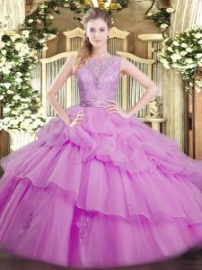 Chic Lilac Ball Gowns Lace and Ruffled Layers Quinceanera Gowns Backless Organza Sleeveless Floor Length