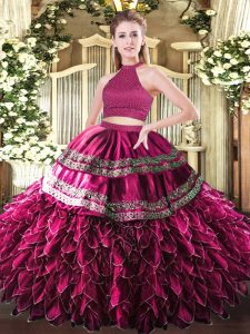 Great Sleeveless Backless Floor Length Embroidery and Ruffles 15 Quinceanera Dress