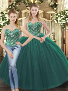 Sleeveless Tulle Floor Length Lace Up 15th Birthday Dress in Dark Green with Beading