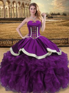 Fine Eggplant Purple Ball Gowns Organza Sweetheart Sleeveless Beading and Ruffles Floor Length Lace Up Quince Ball Gowns