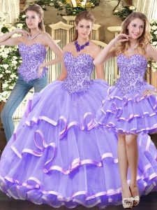 Lavender Zipper Sweetheart Appliques and Ruffled Layers Ball Gown Prom Dress Organza Sleeveless