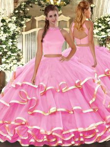 Glorious Rose Pink Halter Top Backless Beading and Ruffled Layers Vestidos de Quinceanera Sleeveless