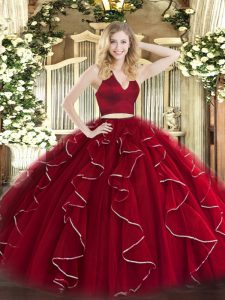 Halter Top Sleeveless Zipper Sweet 16 Dress Wine Red Organza