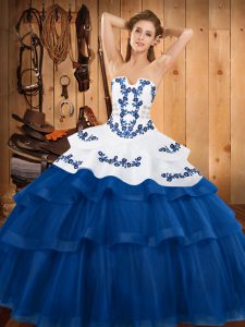 Sumptuous Sweep Train Ball Gowns Sweet 16 Dresses Blue Strapless Tulle Sleeveless Lace Up