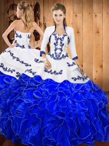 Blue And White Quinceanera Dress Military Ball and Sweet 16 and Quinceanera with Embroidery and Ruffles Strapless Sleeveless Lace Up