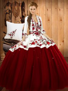 Wine Red Sleeveless Embroidery Floor Length Quinceanera Gowns