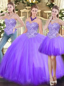 Beauteous Floor Length Lace Up Sweet 16 Dress Lavender for Military Ball and Sweet 16 and Quinceanera with Beading