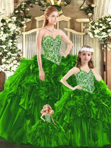 Green Organza Lace Up Vestidos de Quinceanera Sleeveless Floor Length Beading and Ruffles