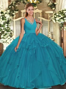 Teal 15th Birthday Dress Sweet 16 and Quinceanera with Beading V-neck Sleeveless Backless