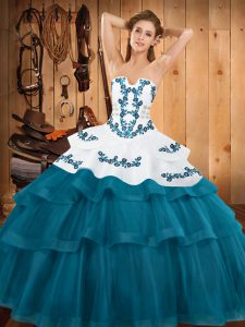 Teal Sleeveless Sweep Train Embroidery and Ruffled Layers Sweet 16 Dress