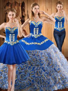 Sweetheart Sleeveless Quince Ball Gowns With Train Sweep Train Embroidery Multi-color Satin and Fabric With Rolling Flowers