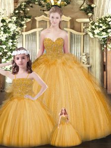 Pretty Gold Ball Gowns Tulle Sweetheart Sleeveless Beading and Ruffles Floor Length Lace Up Sweet 16 Dress
