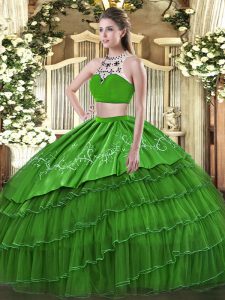 Hot Sale Green Backless High-neck Beading and Embroidery and Ruffles Quince Ball Gowns Tulle Sleeveless