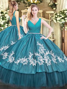 Floor Length Zipper Sweet 16 Dress Teal for Military Ball and Sweet 16 and Quinceanera with Beading and Appliques