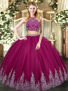 Decent Fuchsia Two Pieces Tulle High-neck Sleeveless Beading and Appliques Floor Length Zipper 15th Birthday Dress