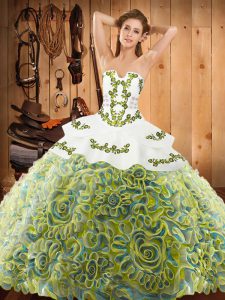 Sleeveless Satin and Fabric With Rolling Flowers With Train Sweep Train Lace Up Quinceanera Gowns in Multi-color with Embroidery