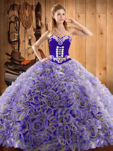 Sophisticated Satin and Fabric With Rolling Flowers Sleeveless With Train 15th Birthday Dress Sweep Train and Embroidery
