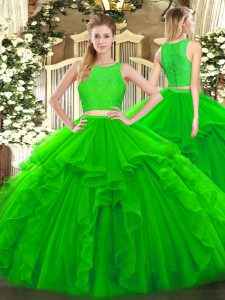 Sweet Green Sleeveless Ruffles Floor Length Quinceanera Dress