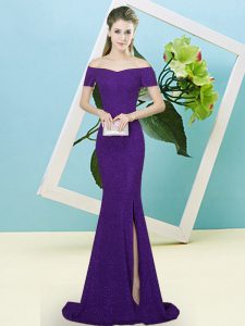 Beauteous Short Sleeves Sequined Sweep Train Zipper Prom Dress in Purple with Sequins