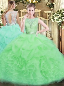 Ideal Sleeveless Organza Floor Length Backless Sweet 16 Quinceanera Dress in with Lace and Ruffles