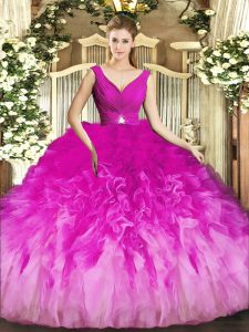 Flare Fuchsia Backless Quinceanera Gown Beading and Ruffles Sleeveless Floor Length