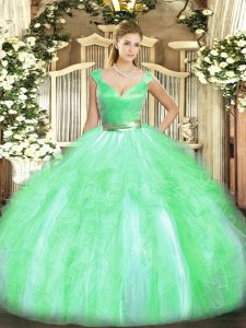 Tulle Sleeveless Floor Length Quinceanera Gowns and Beading and Ruffles