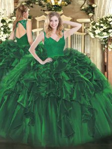 Dark Green Organza Backless Quince Ball Gowns Sleeveless Floor Length Beading and Lace and Ruffles