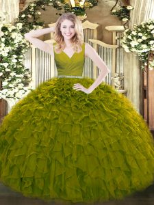 Beading and Ruffles 15 Quinceanera Dress Olive Green Zipper Sleeveless Floor Length