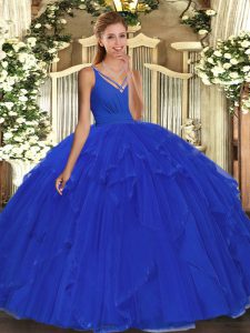 Elegant Blue Sleeveless Floor Length Beading and Ruffles Backless Quinceanera Dresses
