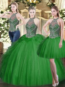 Great Ball Gowns Sweet 16 Dress Dark Green High-neck Tulle Sleeveless Floor Length Lace Up