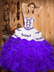 White And Purple Ball Gowns Embroidery and Ruffles Sweet 16 Quinceanera Dress Lace Up Satin and Organza Sleeveless Floor Length