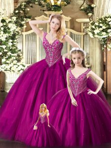 Custom Design Floor Length Lace Up Sweet 16 Dresses Fuchsia for Military Ball and Sweet 16 and Quinceanera with Beading