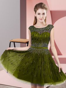 Custom Design Scoop Sleeveless Dress for Prom Knee Length Beading Olive Green Tulle