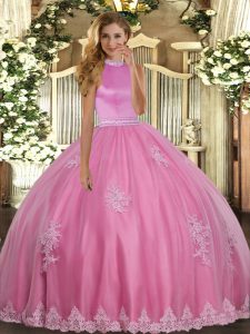 Rose Pink Sleeveless Floor Length Beading and Appliques Backless Sweet 16 Dress