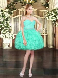 Sleeveless Organza Mini Length Lace Up Prom Dresses in Aqua Blue with Beading and Lace and Ruffles