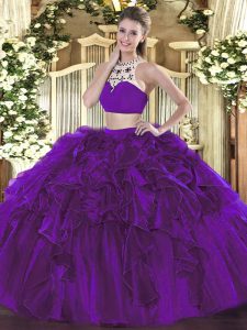 Adorable Sleeveless Floor Length Beading and Ruffles Backless Quinceanera Gown with Eggplant Purple