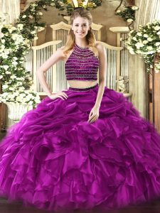 Sleeveless Tulle Floor Length Zipper Quinceanera Dress in Fuchsia with Beading and Ruffles