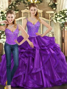 Vintage Purple Lace Up Sweet 16 Dress Beading and Ruffles Sleeveless Floor Length