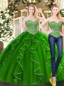 Extravagant Green Organza Lace Up Sweetheart Sleeveless Floor Length Sweet 16 Dress Beading and Ruffles