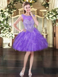 Lavender Tulle Lace Up Scoop Sleeveless Mini Length Prom Party Dress Beading and Ruffles