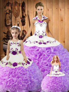 Modern Lilac Ball Gowns Halter Top Sleeveless Satin and Fabric With Rolling Flowers Floor Length Lace Up Embroidery Quinceanera Gown
