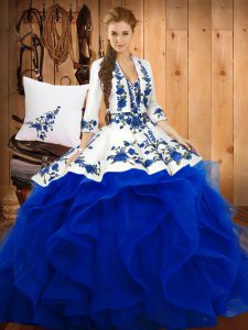 Blue Satin and Organza Lace Up Sweetheart Sleeveless Floor Length 15th Birthday Dress Embroidery