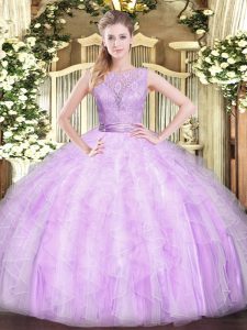 Lilac Backless Sweet 16 Dresses Lace and Ruffles Sleeveless Floor Length