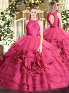 High End Hot Pink Scoop Zipper Lace Quinceanera Gown Sleeveless