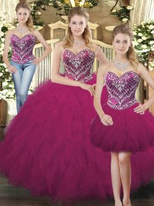 Fuchsia Organza Lace Up Sweetheart Sleeveless Floor Length Quinceanera Gowns Beading and Ruffles