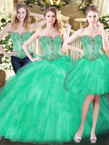 Green Three Pieces Beading and Ruffles Vestidos de Quinceanera Lace Up Organza Sleeveless Floor Length