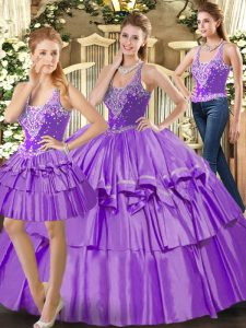 Free and Easy Three Pieces Quinceanera Dress Eggplant Purple Straps Organza Sleeveless Floor Length Lace Up
